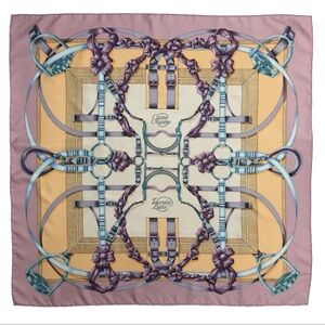 Hermès Pink, Yellow and Blue Silk Scarf with Equestrian Motif Mother’s Day Gift